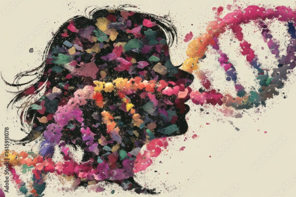 Poster abstract representation of human potential with colorful dna strands emerging from a silhouette show
