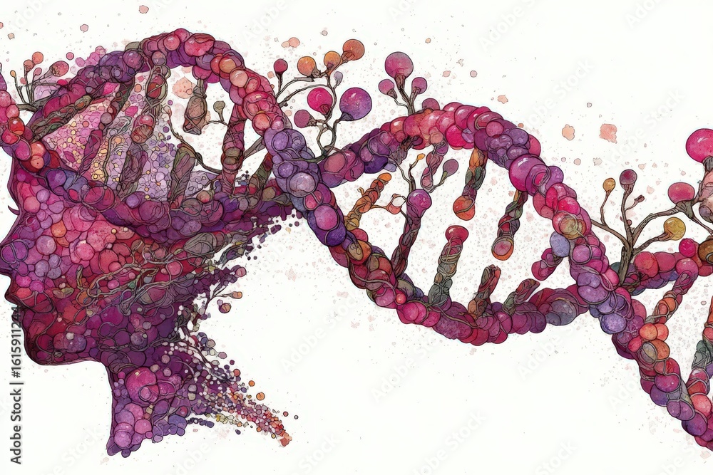 Aufkleber artistic representation of a woman's silhouette intertwined with a vibrant double helix structure sy