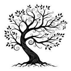 Elegant Black and White Ornate Tree Silhouette;  Nature, Design, and Fantasy Illustration.