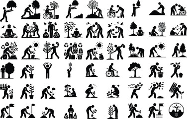 Tree Planting Silhouette Icon Set Eco Garden & Green Nature Silhouette Icons