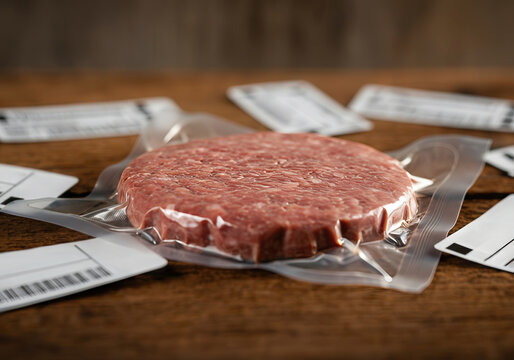 Synthetic meat patty in vacuum pack with additive labels, concept of ultra-processed food