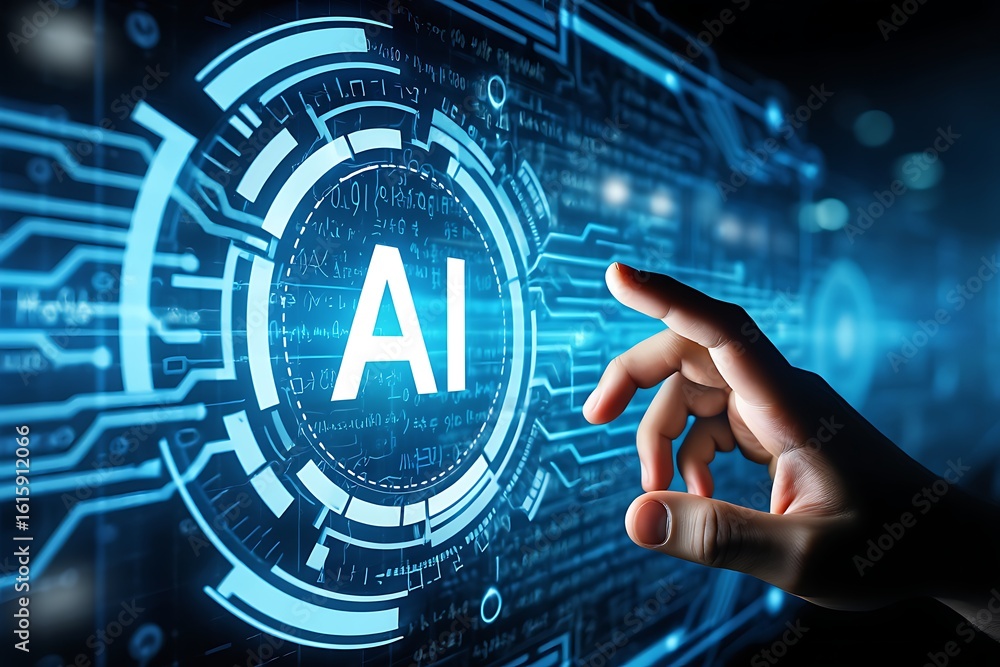 Poster a human hand interacts with a glowing blue digital interface displaying the letters ai representing 