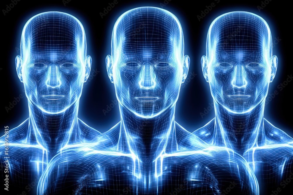 Poster triadic representations of human anatomy illuminated in a captivating digital format emphasizing int
