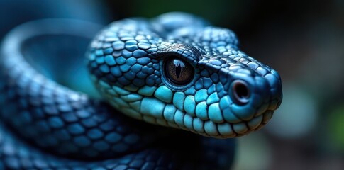 Fototapeta premium Close-up of blue viper's head, scales, fangs visible, blue viper, reptile
