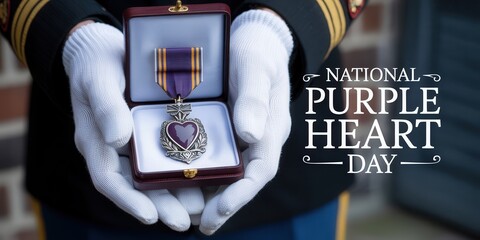 Military honor presentation: purple heart medal in white gloved hands for national purple heart day