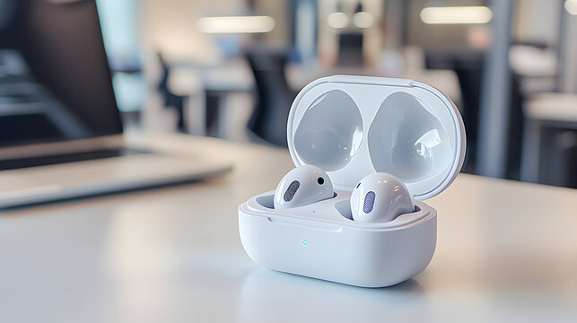 White wireless earbuds in charging case on a white desk, blurred office background.