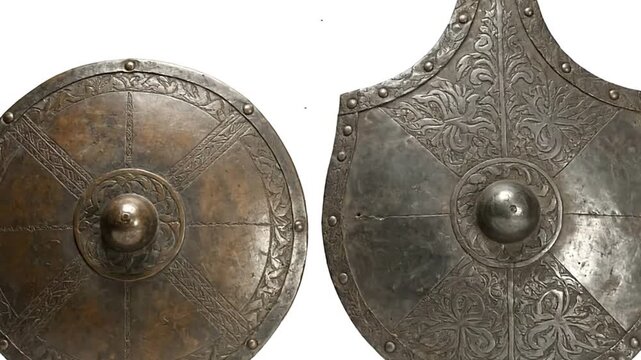 Two antique shields one circular the other pearshaped decorated with floral patterns and central bosses