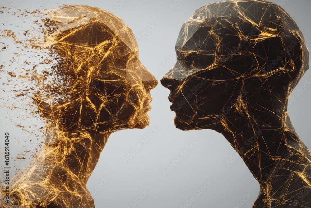 Poster contemplation of duality in human connection artistic representation of intertwined digital faces me