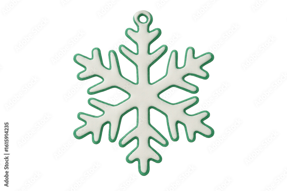 Poster white and green snowflake ornament floating against transparent backdrop, highlighting intricate hol