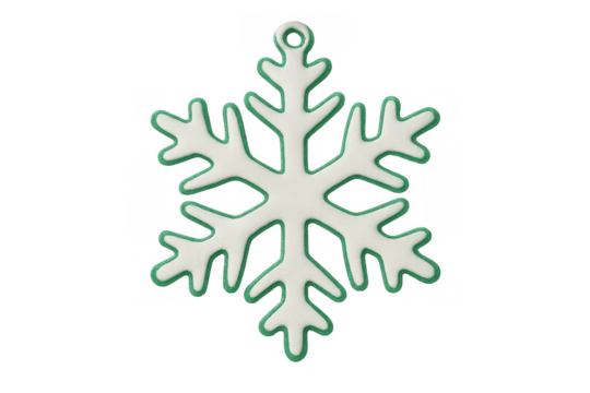 White and green snowflake ornament floating against transparent backdrop, highlighting intricate holiday design with crisp 3d rendering