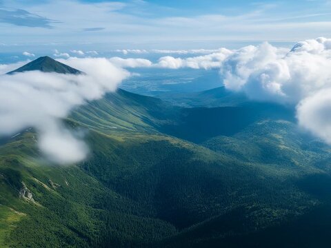 Aerial view of Carpathian Mountains, Hoverla peak shrouded in clouds, scenic landscape video