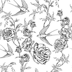 Fototapeta premium Vintage Toile de Jouy Pattern with Blue Roses and Swallows. Seamless floral and bird illustration
