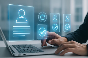 Finger pointing at digital profile icon with checkmark approval symbols in virtual hr system showing employee recruitment and status validation on futuristic laptop screen