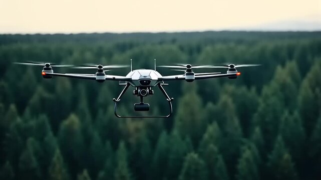 A drone flying over a dense forest, capturing aerial images of the lush green trees below