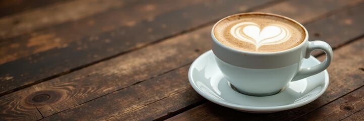 Obraz premium White ceramic coffee cup; lovely heart latte design on rustic wood tabletop , detail, espresso