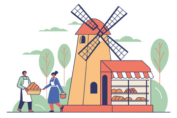 Gaze at a windmill bakery scene in the Netherlands with fresh bread, pastries, and locals buying goods in modern flat illustration style.
