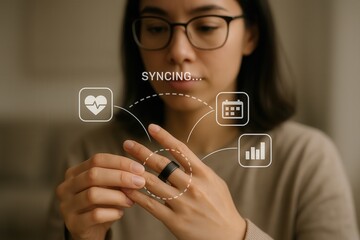 Tech-savvy woman using smart ring technology for health tracking