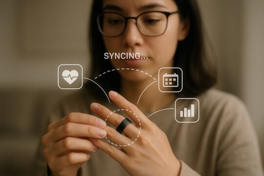 Tech-savvy woman using smart ring technology for health tracking - Powered by Adobe