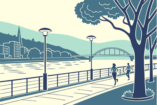 Drammen riverfront boardwalk in Norway with bridges and evening joggers, modern flat illustration style