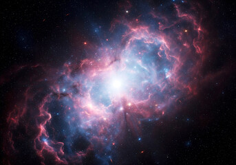 Expansive Cosmic Explosion of Vibrant Pink and Blue Nebula with Bright Central Core and Scattered Stars
