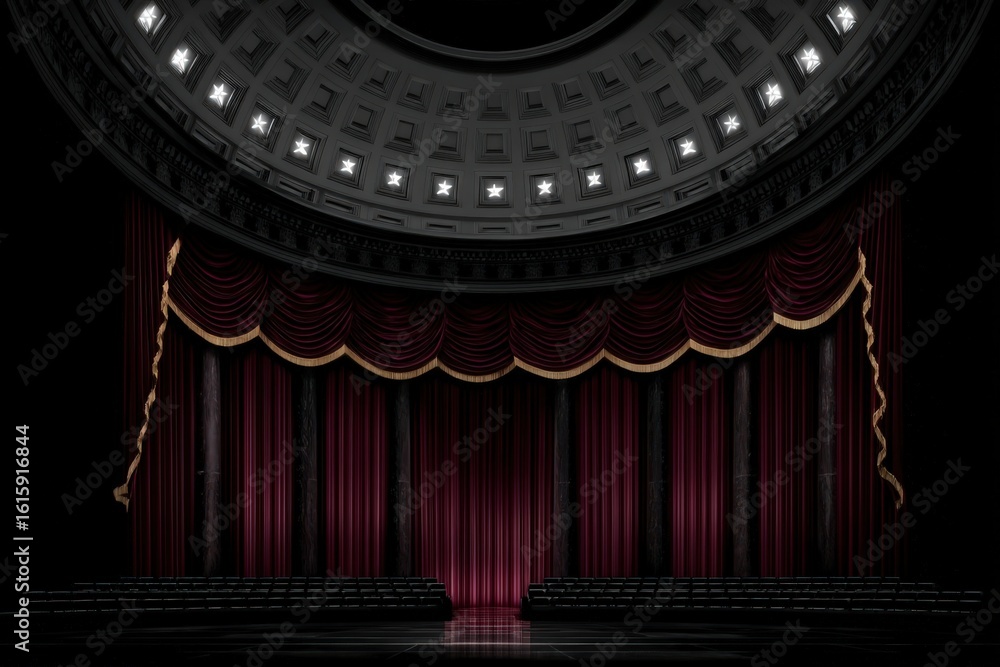 Poster dramatic stage design featuring deep crimson curtains and ornate architecture creating a captivating