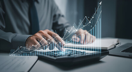 Professional hands analyze financial data on a calculator, visualizing market growth and successful investment strategies