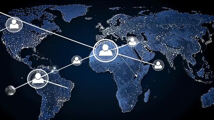 Digital globe illustrating global connectivity with user icons and network lines overlaid at night - Powered by Adobe