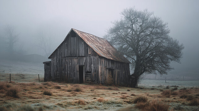 Old barn in a foggy countryside