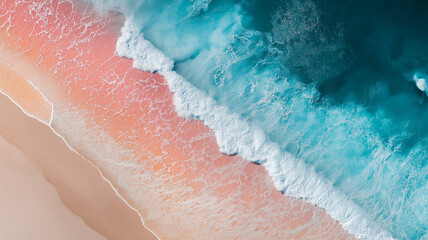 Fototapeta premium Aerial view of vivid pink salt flats meeting turquoise ocean water in sharp contrast, surreal coastline geometry, 4k image