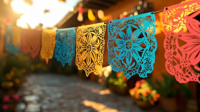 Colorful papel picado banners glow during a festive Mexican fiesta.
