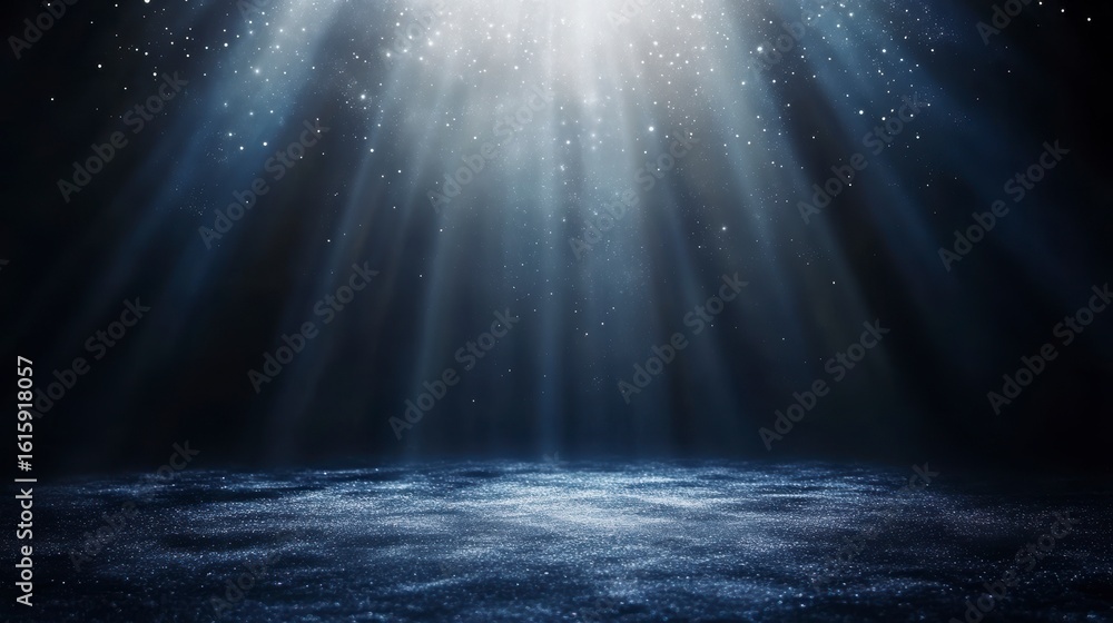Wall mural dark blue background with bright light rays and sparkles.