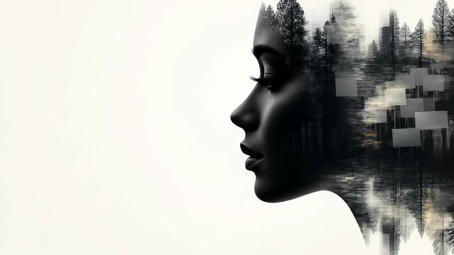A serene double exposure of a woman's face and forest.