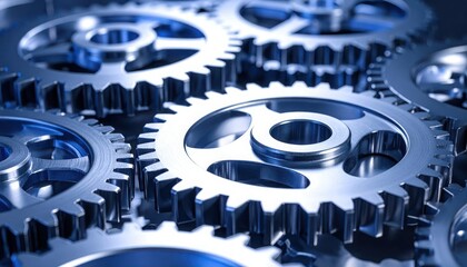 Close up of interlocking shiny metal gears and cogwheels mechanism