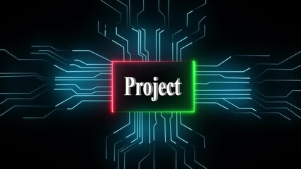 Futuristic Neon Glowing Circuit Box Icon Animation with PROJECT Text Symbol for Task Management, Tech Dashboard, Business Planning, Cyber UI, and Digital Workflow Design - Powered by Adobe