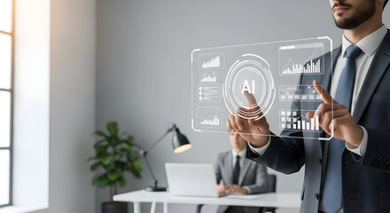 Business leader explores innovative artificial intelligence dashboard for future-focused decision making.