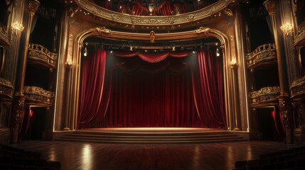 Grand theater stage with red curtains, ornate gold details, and empty seating.