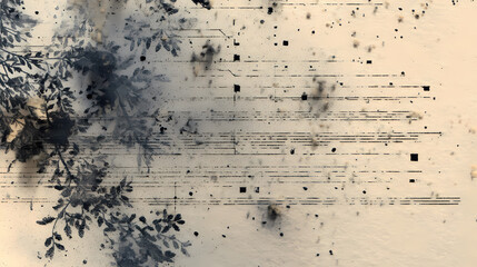 vegetative blueprint partially erased by oxidized ink bleed and staccato soot rhythm, offset center tension. Illustration