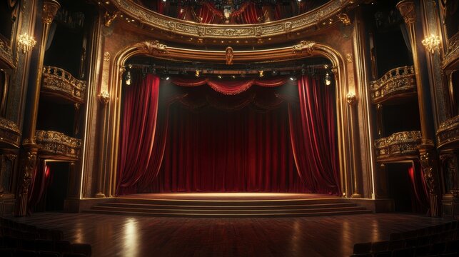 Grand theater stage with red curtains, ornate gold details, and empty seating.