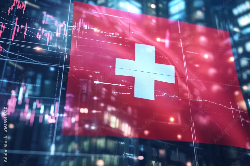 Poster swiss flag displayed on a screen showing financial data and charts a digital representation of swiss
