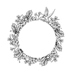 Vintage Toile de Jouy card with Blue flowers and Swallows.