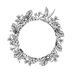 Vintage Toile de Jouy card with Blue flowers and Swallows.