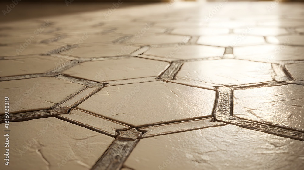 Poster close-up view of a light beige hexagonal tiled floor.