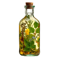 transparent bottle with infused olive oil, herbs inside, isolated white background. PNG