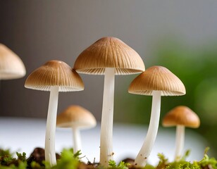 Close-up of several small mushrooms
