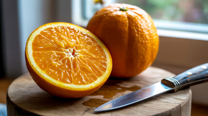 A ripe, vibrant orange fruit sliced open, juicy segments glistening with freshness under soft morning light