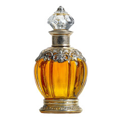 vintage perfume bottle with ornate crystal cap, classic elegance, white background. PNG