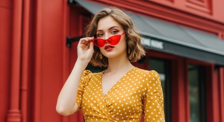 Stylish woman in yellow polka dot dress and red heart sunglasses