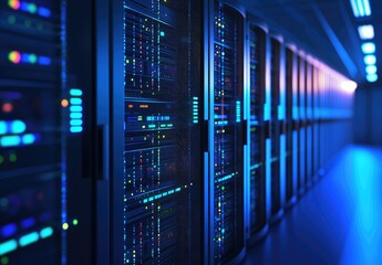 3D rendering of modern data center servers with vibrant LED indicators and dark server racks in a blue-lit corridor, perfect for cloud computing and cybersecurity visuals