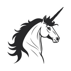 Majestic Black and White Unicorn Head Vector Illustration. Mythical Fantasy Horse Silhouette Design