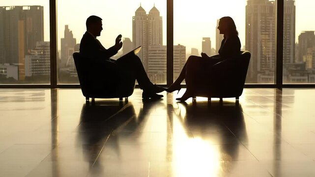 Business Meeting at Sunset with City View in Silhouette - Powered by Adobe